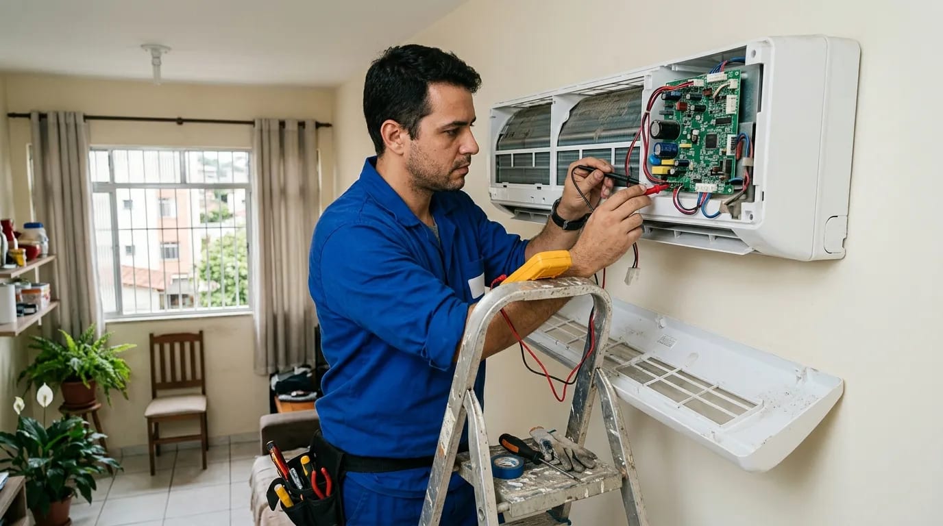 Eletricista ligando a placa do ar-condicionado split em Natal‑RN